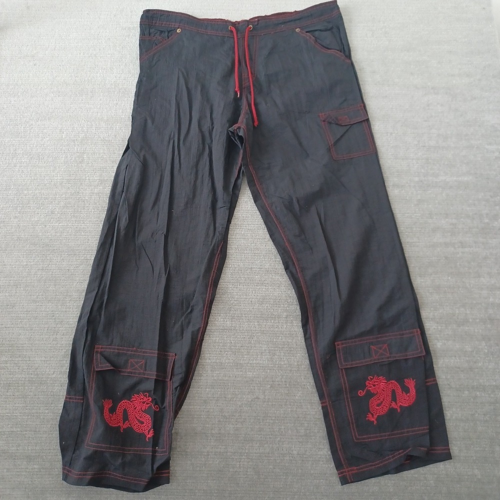 Y2K Baggy Windbreaker Pants Mens M Black Embroidered Dragon Cargo Shinobi Rave